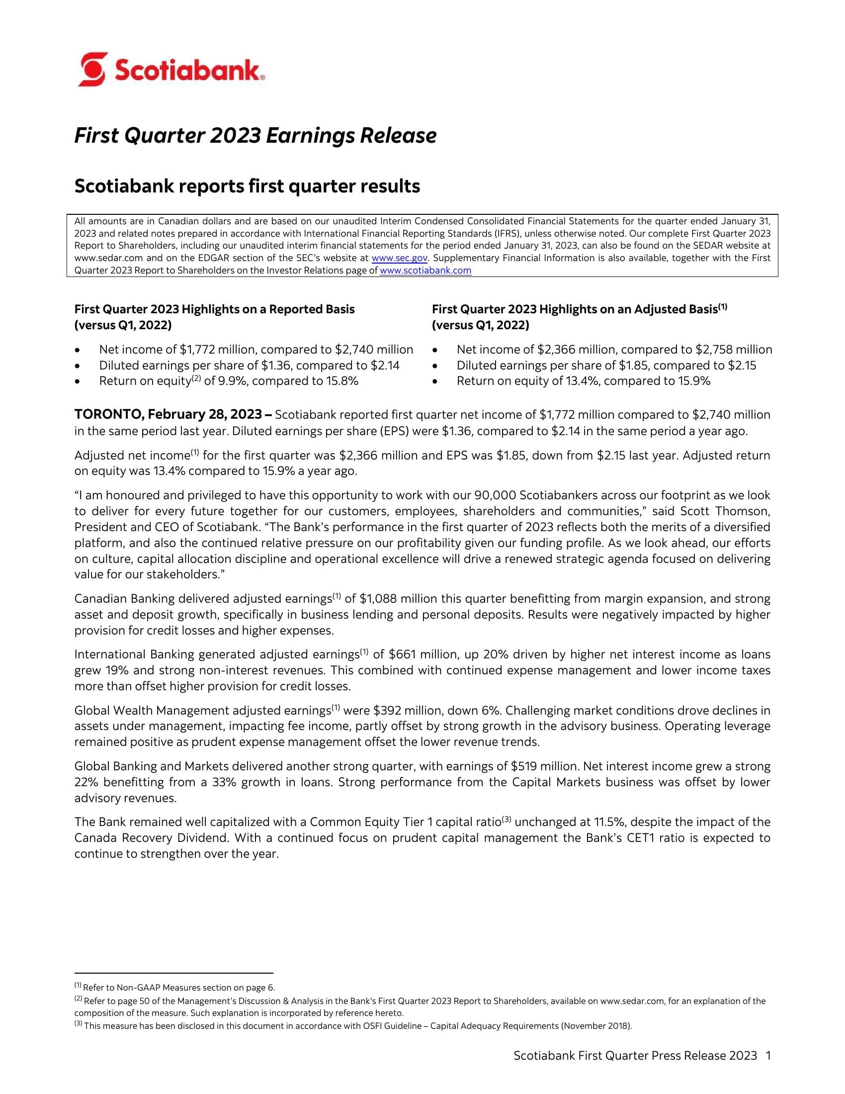 Scotiabank First Quarter Press Release 2023 image